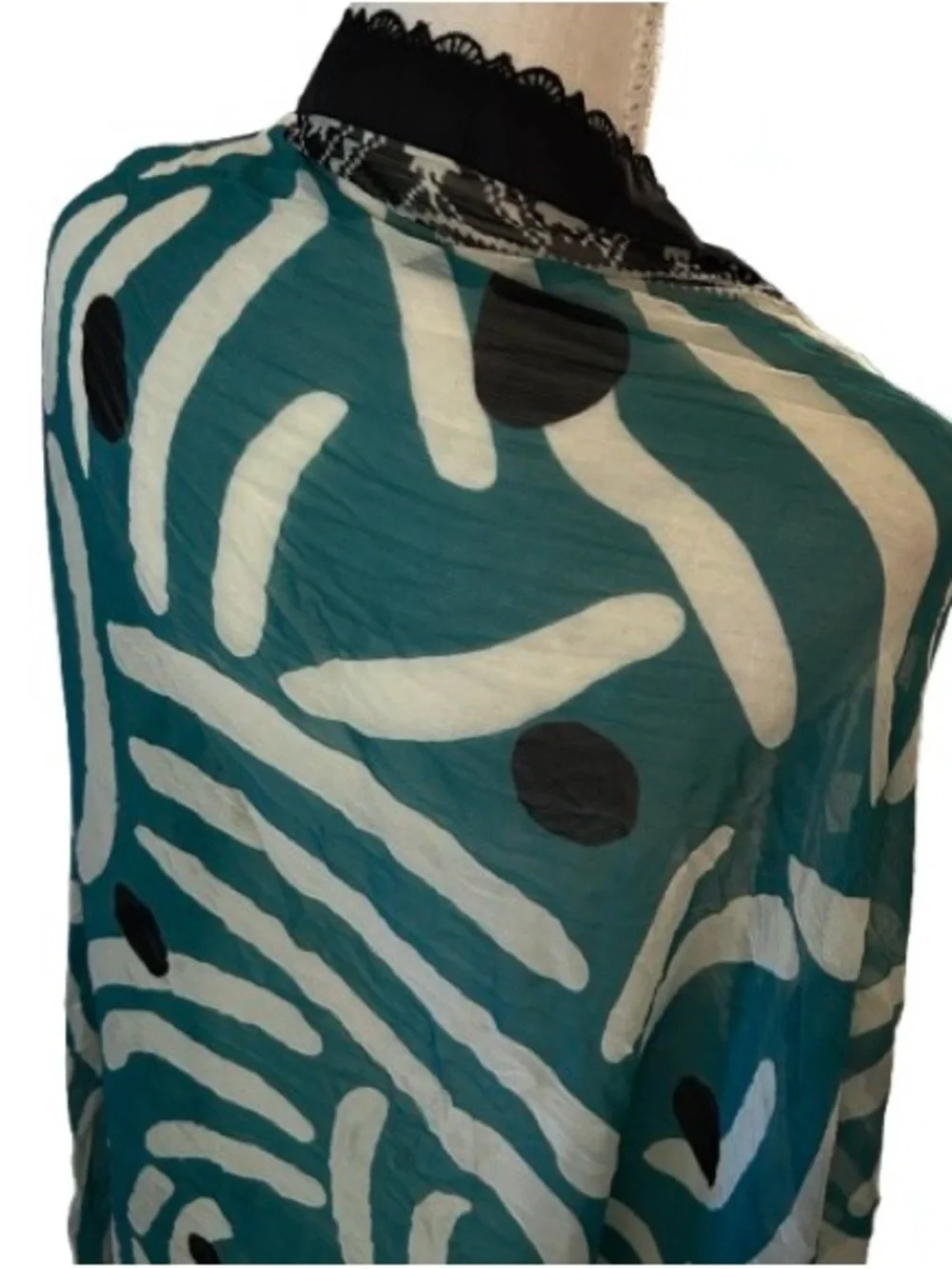 STUNNJNG Extra Long Scarf TEAL & BLACK LACE Sheer Abstract Blue Silk? Boho